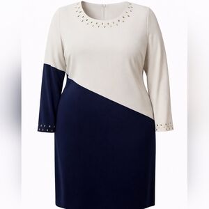 Ashley Stewart Cream & Blue Dress — Diagonal Colorblock + Sparkle Details | Plus